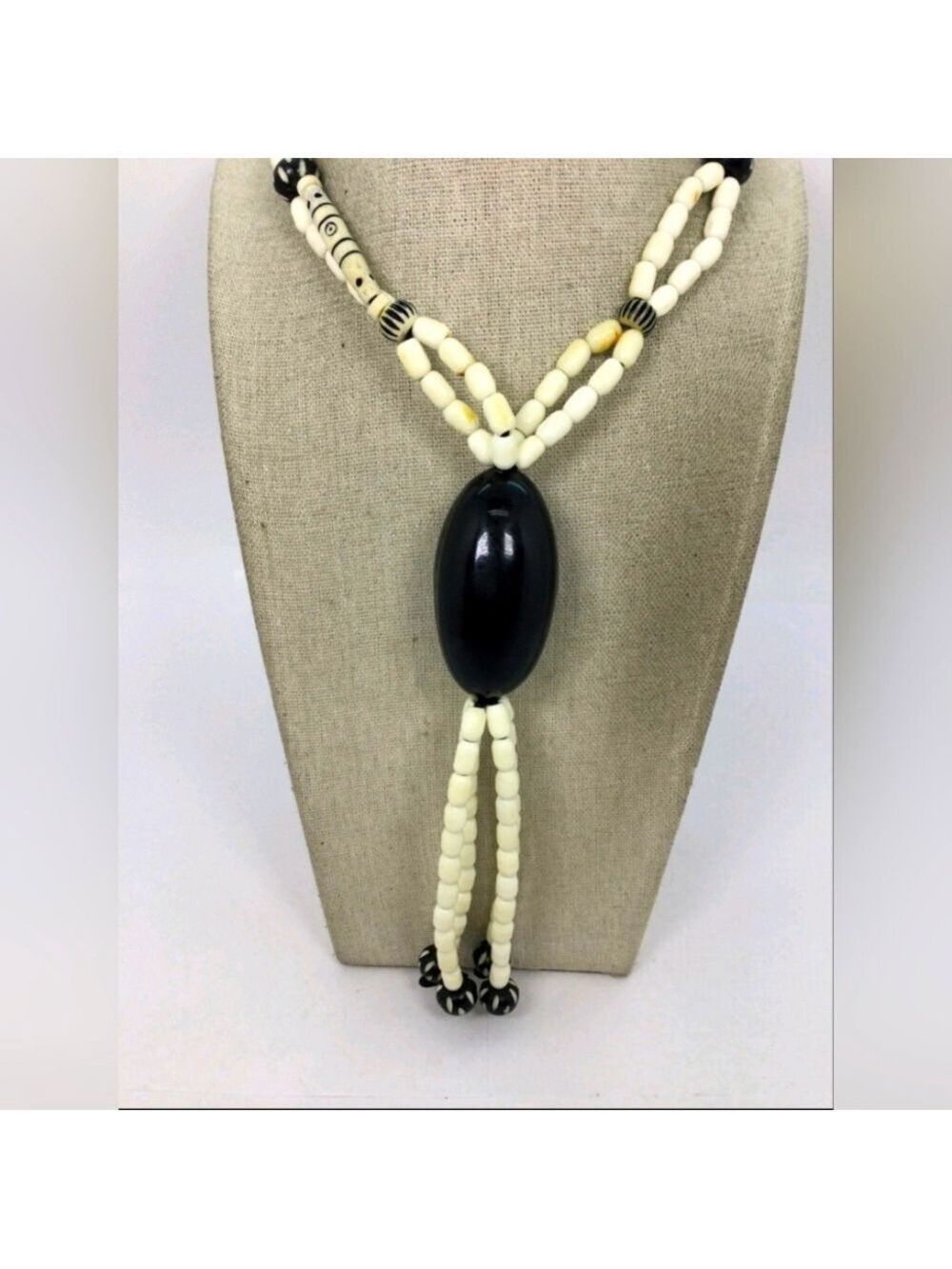 Chico's Black & White Carved Beaded Y-Drop Necklace 42"